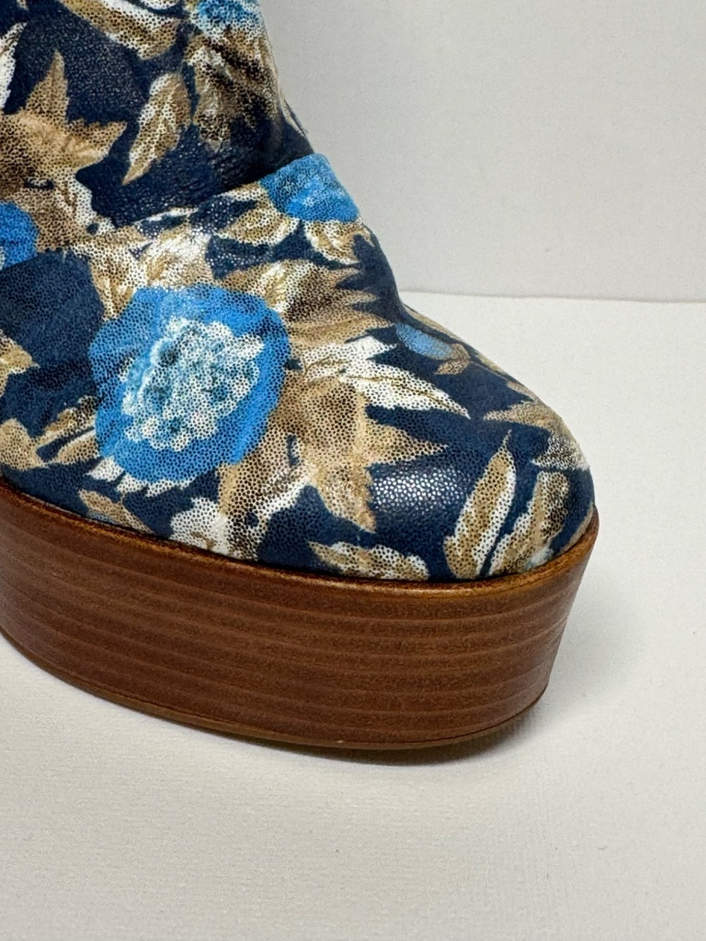 Cecelia New York NEW Floral Platform Ankle Boots S6 Blue Gold Statement Heels - Picture 9 of 15